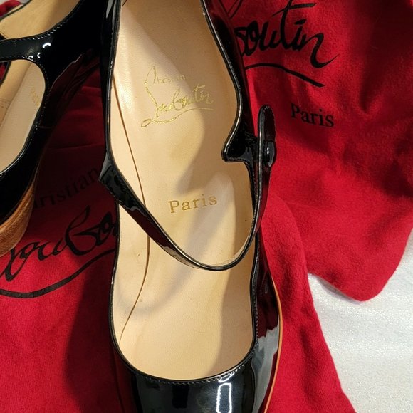 CHRISTIAN LOUBOUTIN Black Patent Leather Zeppa Mary Jane Peep Toe Pumps  39 - Picture 9 of 13